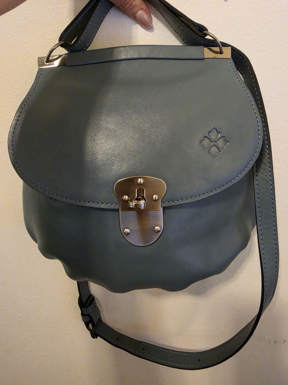 Patricia Nash Slate Green Leather Crossbody with Gold Turn-Lock